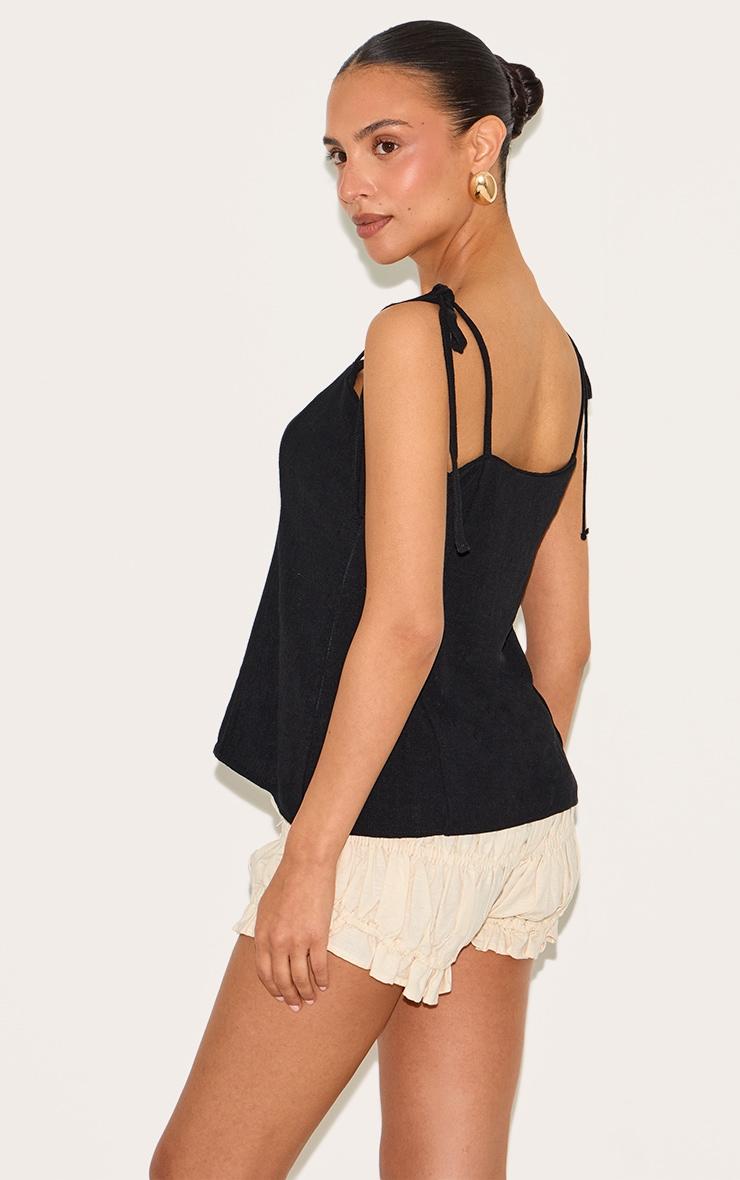Petite Black Lightweight Linen Look Woven Tie Strap Cami Top Product Image