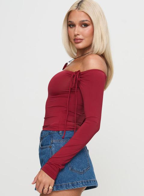 Where You At Off Shoulder Long Sleeve Top Red Product Image