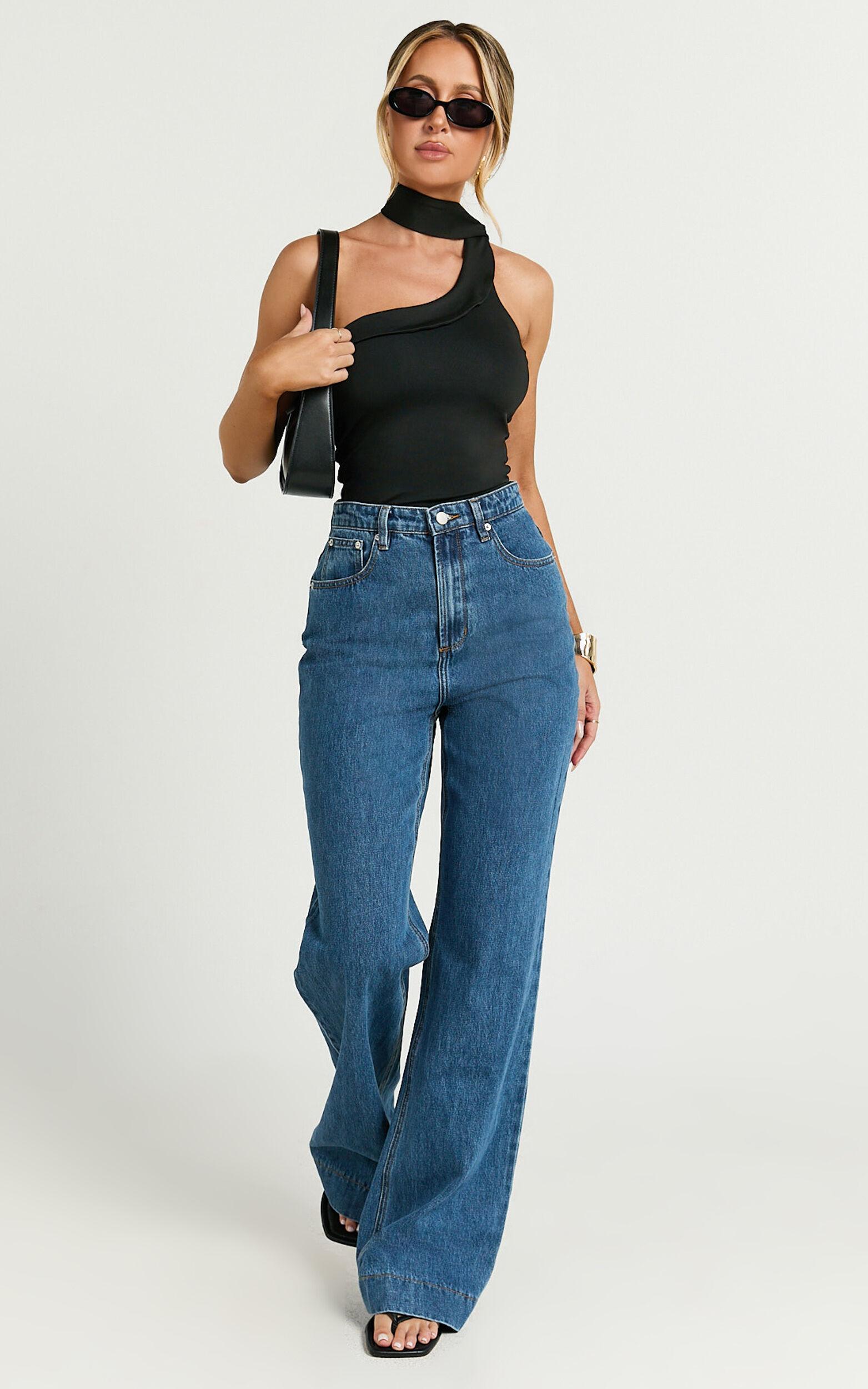 Betty Top - One Shoulder Halter Neck Scarf Top in Black Product Image