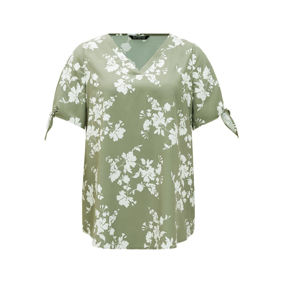 Plus Size Mint Floral Knot Sleeve V Neck Blouse Women Elegant Short sleeve V-neck Dailywear Blouses BloomChic 12/L Product Image