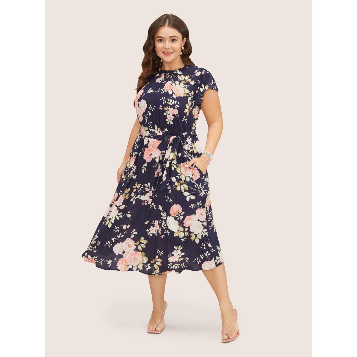 Plus Size Floral Frill Trim Mock Neck Pocket Ruffle Belted Cap Sleeve Dress DarkBlue Women Romantic Non Round Neck Short sleeve Curvy Midi Dress BloomChic 12/L Product Image