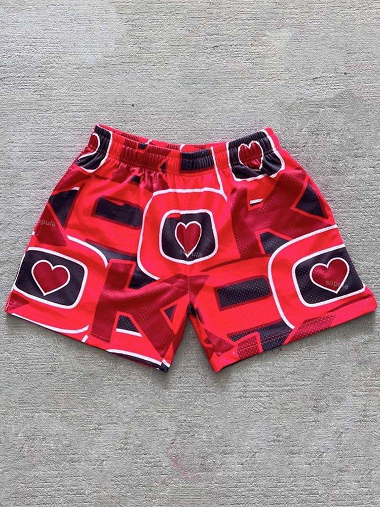 Vintage Heart Love Graphic Casual Street Mesh Shorts Product Image