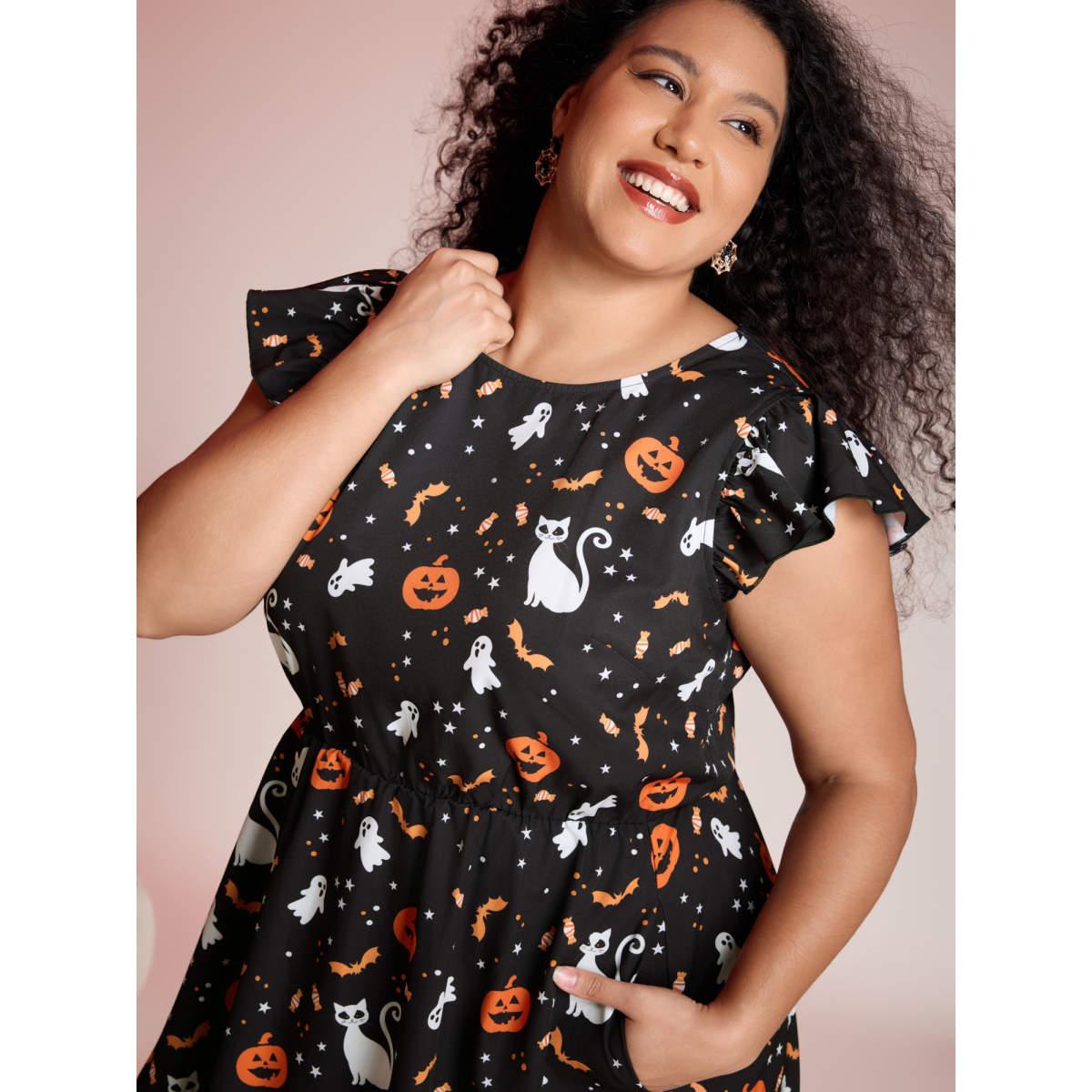 Plus Size Pumpkin Printed Ruffle Sleeves Midi Dress Black Women Playful Ruffles Party Curvy Bloomchic 28/5X Product Image