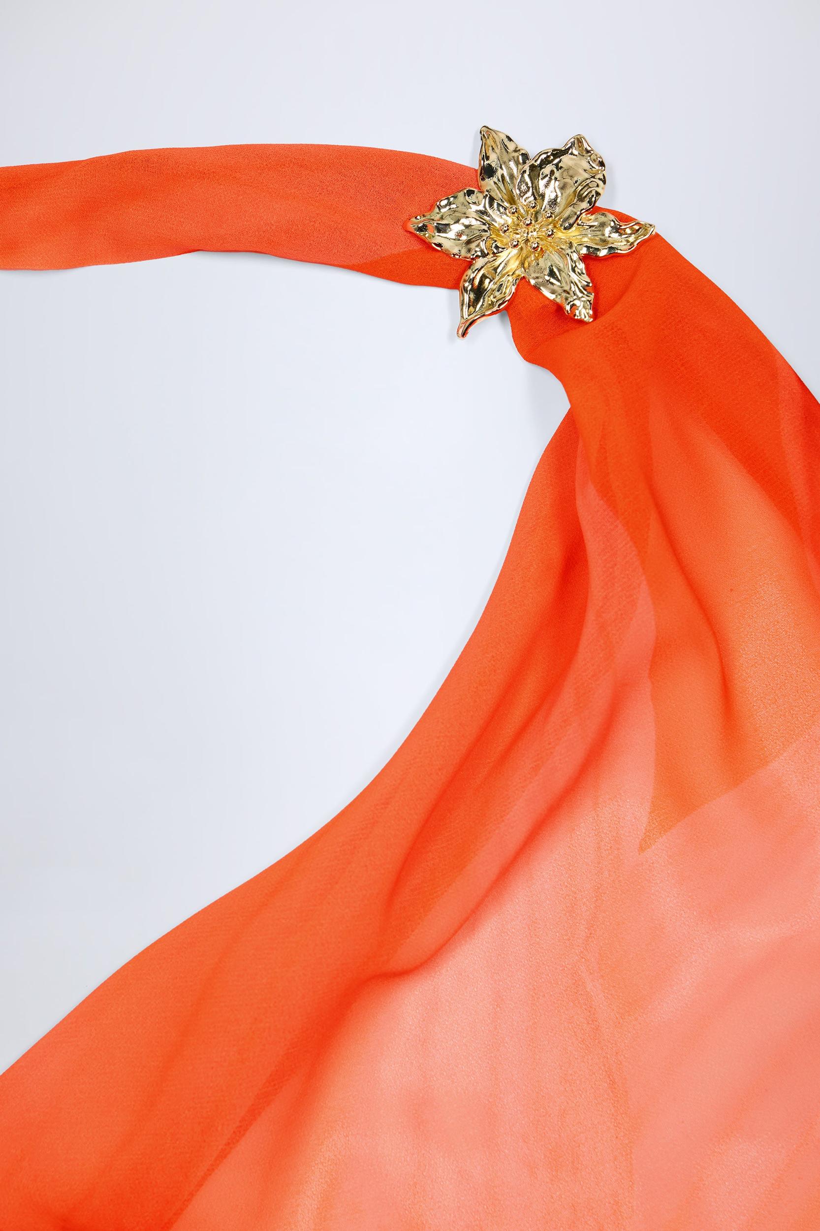 Cowl-Neck Hardware-Detail Maxi Dress in Orange Orchid Print Product Image