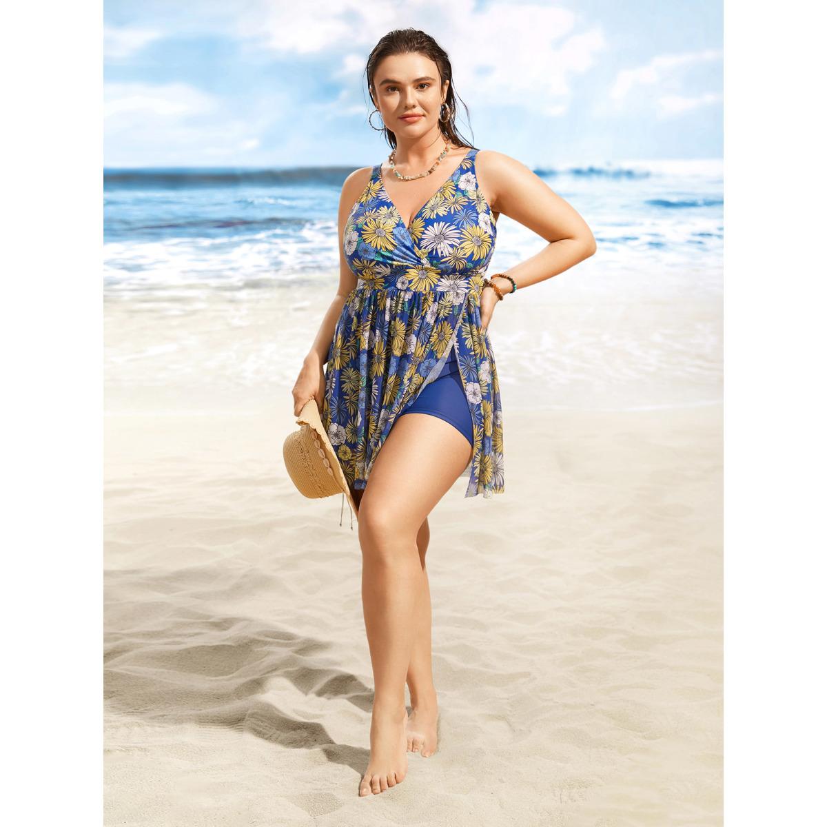 Plus Size Overlap Collar Floral Mesh Split Side Swim Dress Women's Swimwear Indigo Beach Bodycon Overlap Collar High stretch Curve Swim Dresses BloomChic 18-20/2X Product Image