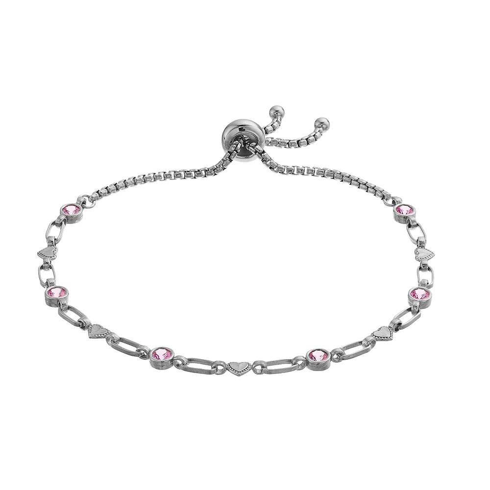 Kristen Kesho Sterling Silver Lab-Created Pink Sapphire & Heart Link Adjustable Bolo Bracelet, Women's, Size: 9.50 Product Image