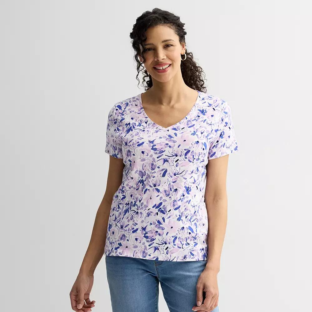 Women's Croft & Barrow® Essential V-Neck Tee, Size: XL, Purple Posy Floral Product Image