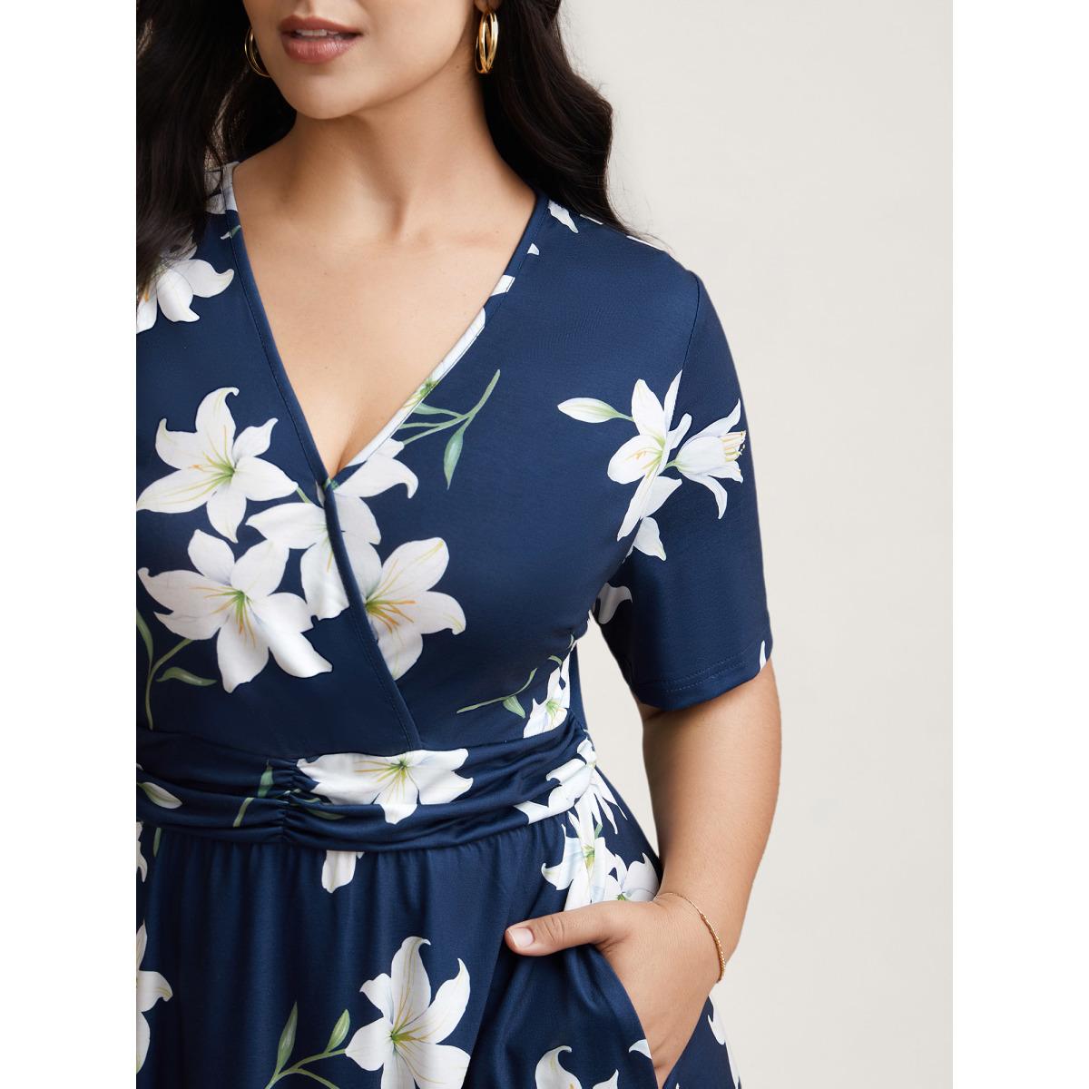 Plus Size Floral Surplice Neck Pleated Midi Dress Navy Women Casual Gathered Overlap Collar Short sleeve Curvy BloomChic 26/4X Product Image
