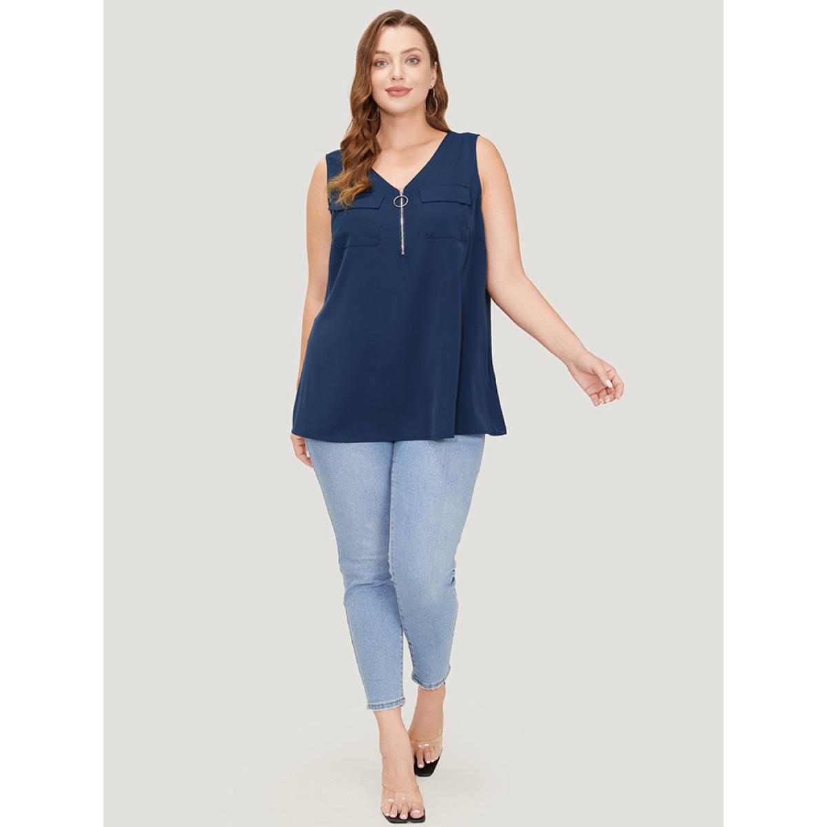 Plus Size Solid Half Zipper Flap Detail Tank Top Women Indigo Casual Zipper V-neck Dailywear Tank Tops Camis BloomChic 18-20/2X Product Image