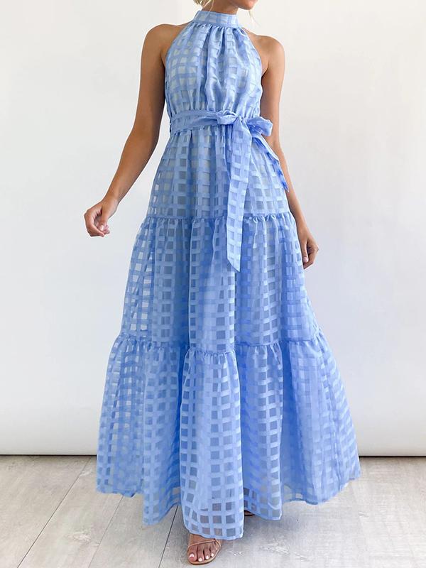 Loose Sleeveless Plaid Ribbed Stand Collar Maxi Dresses Product Image