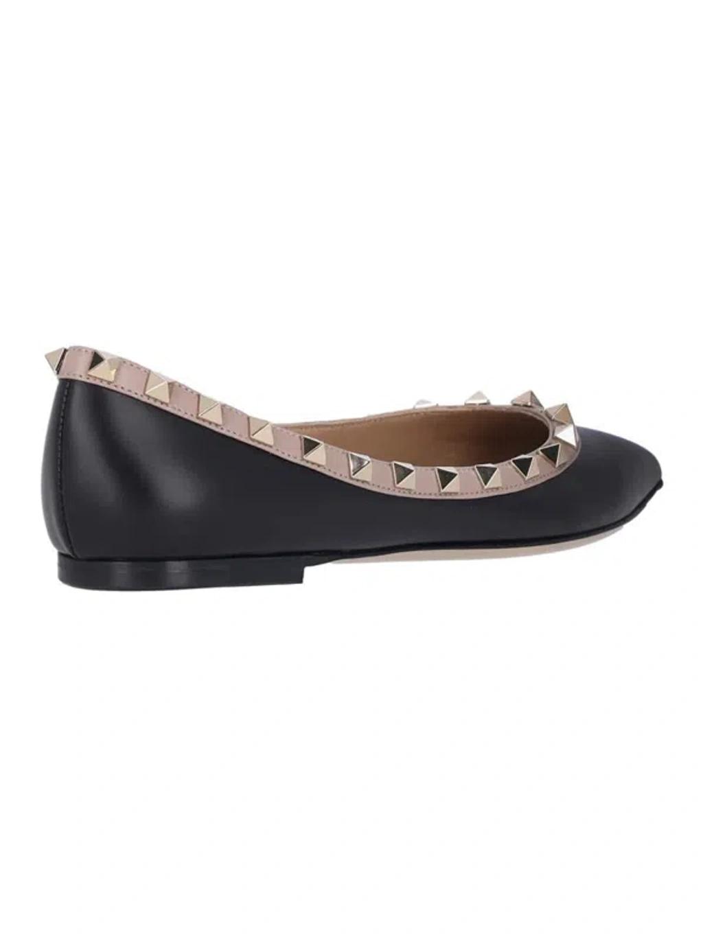 VALENTINO GARAVANI Pointed Toe Studded Trim Flat Sole Ballerina In Black Product Image