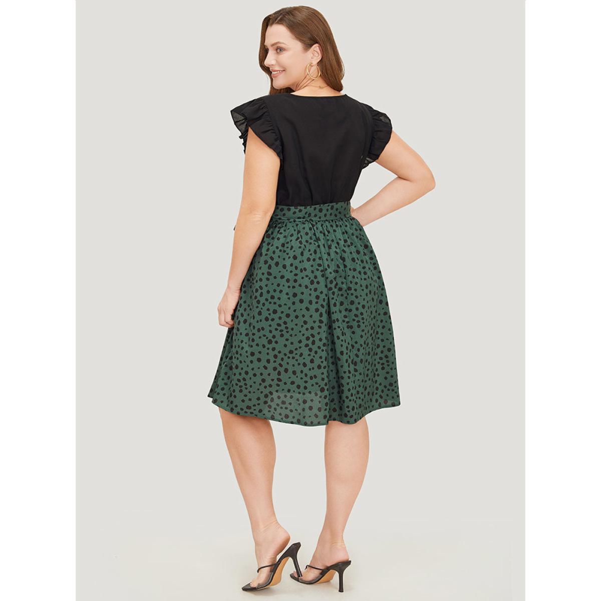 Plus Size Leopard Patchwork Pocket Belt Ruffle Dress DarkGreen Women Elegant Belted V-neck Cap Sleeve Curvy Knee Dress BloomChic 26/4X Product Image