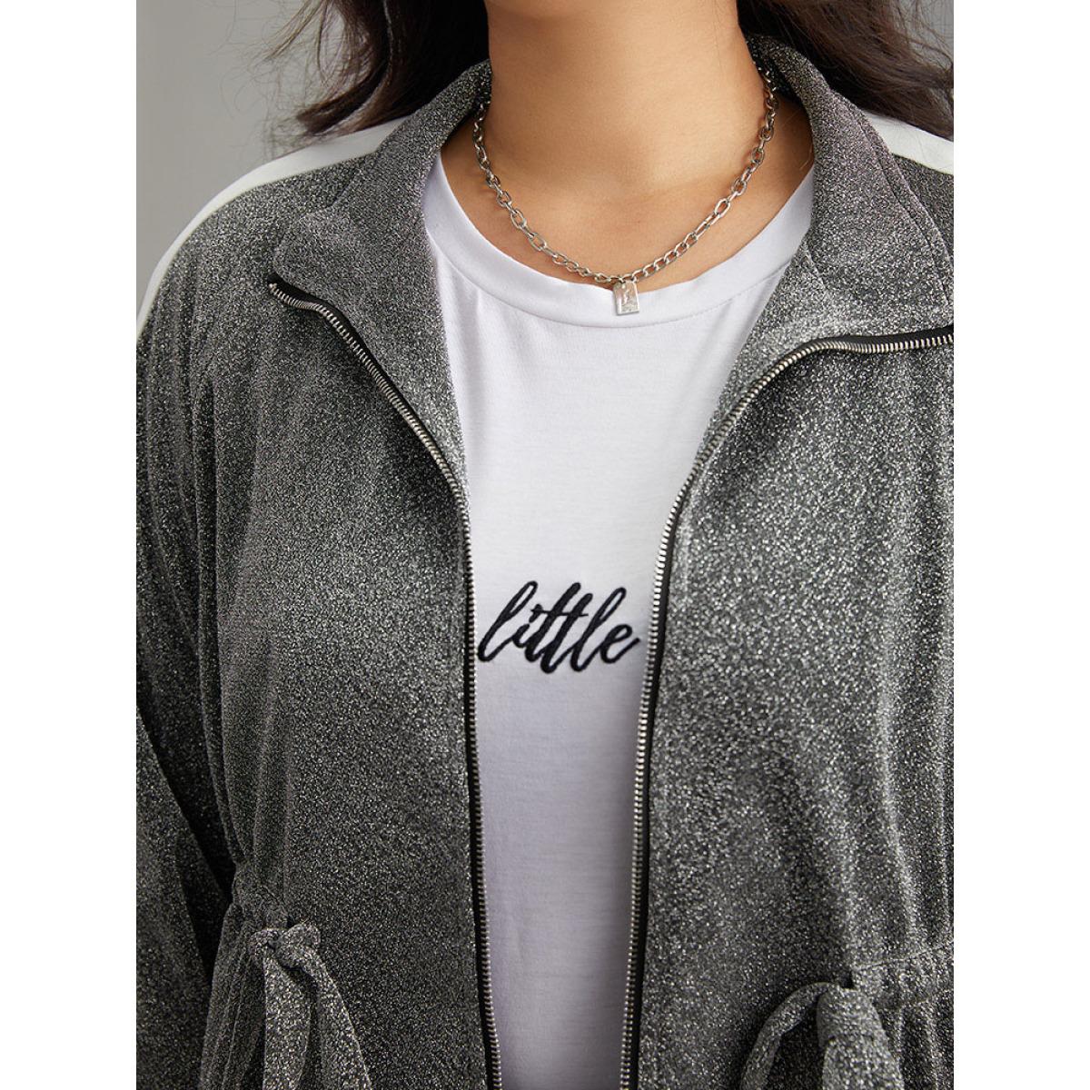 Plus Size Patchwork Contrast Trim Drawstring Zipper Jacket Women DimGray Contrast Dailywear Jackets BloomChic 10/M Product Image