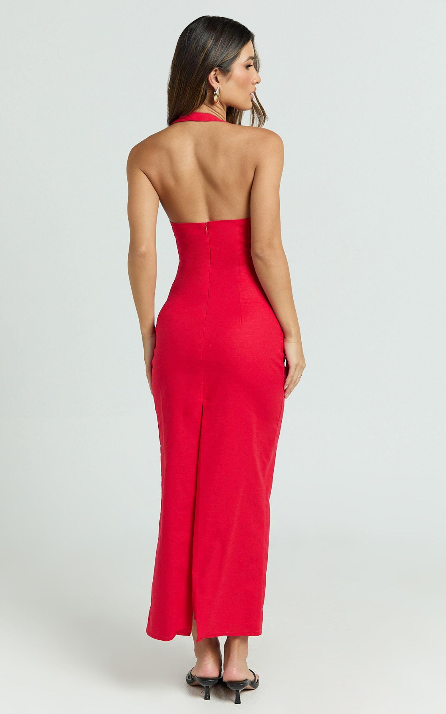Arlette Midi Dress - Strappy V Neck Under Bust Gathered Tie Front Bias Slip Skirt Dress in Red Product Image