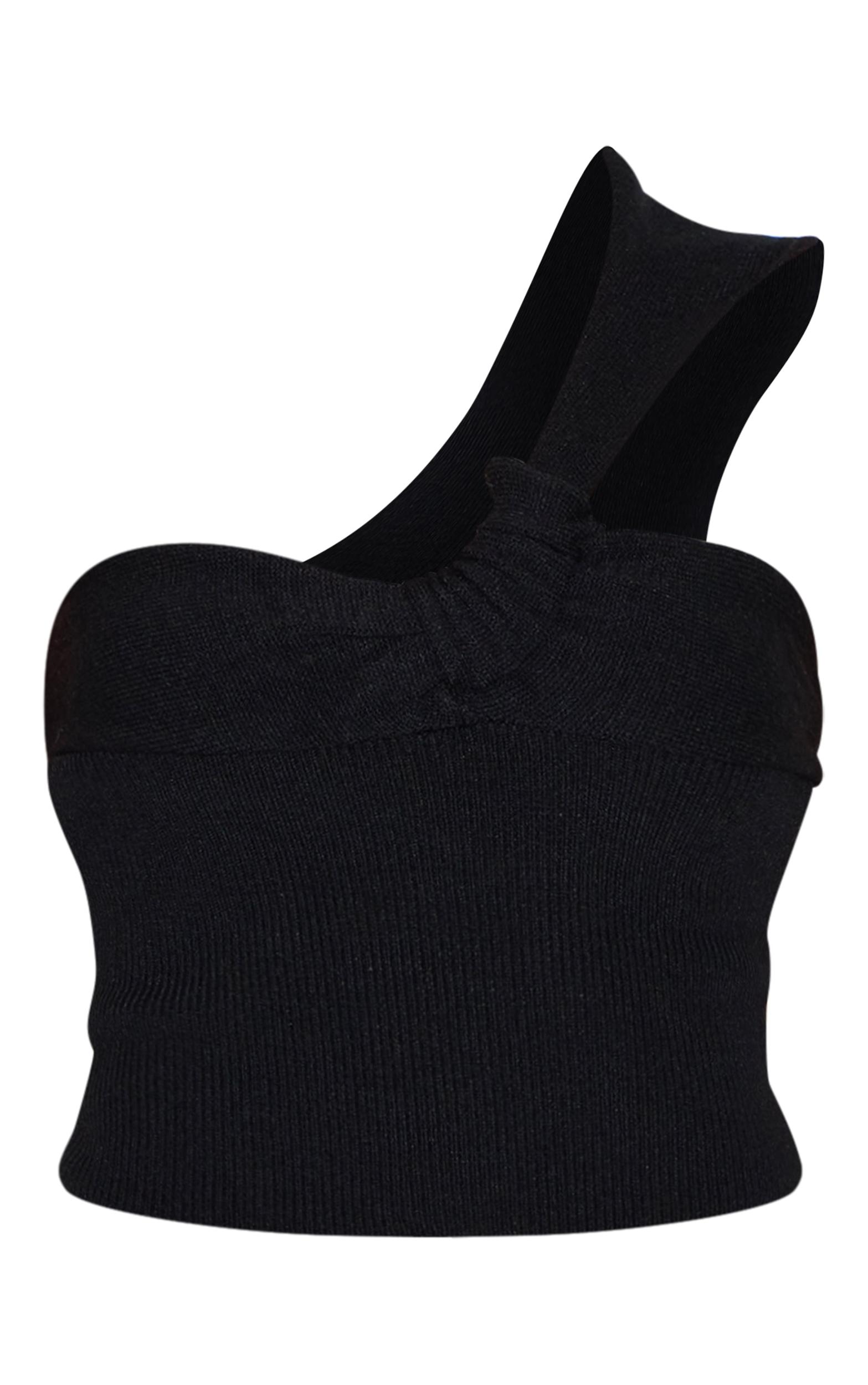 Petite Black Knitted One Shoulder Bow Top Product Image