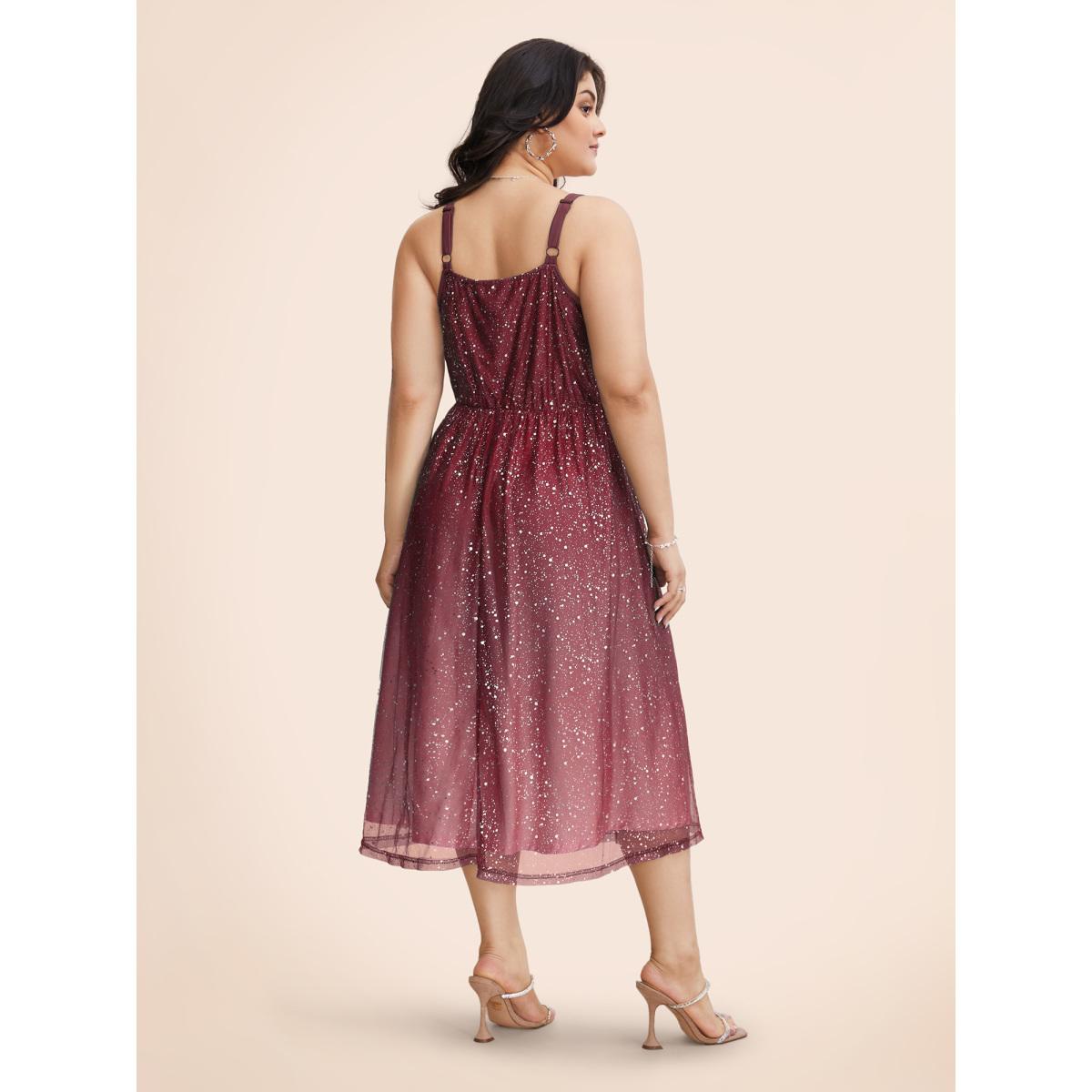 Plus Size Ombre Glitter Mesh Cami Midi Dress Burgundy Women Formal Texture U-neck Sleeveless Curvy BloomChic 12/L Product Image