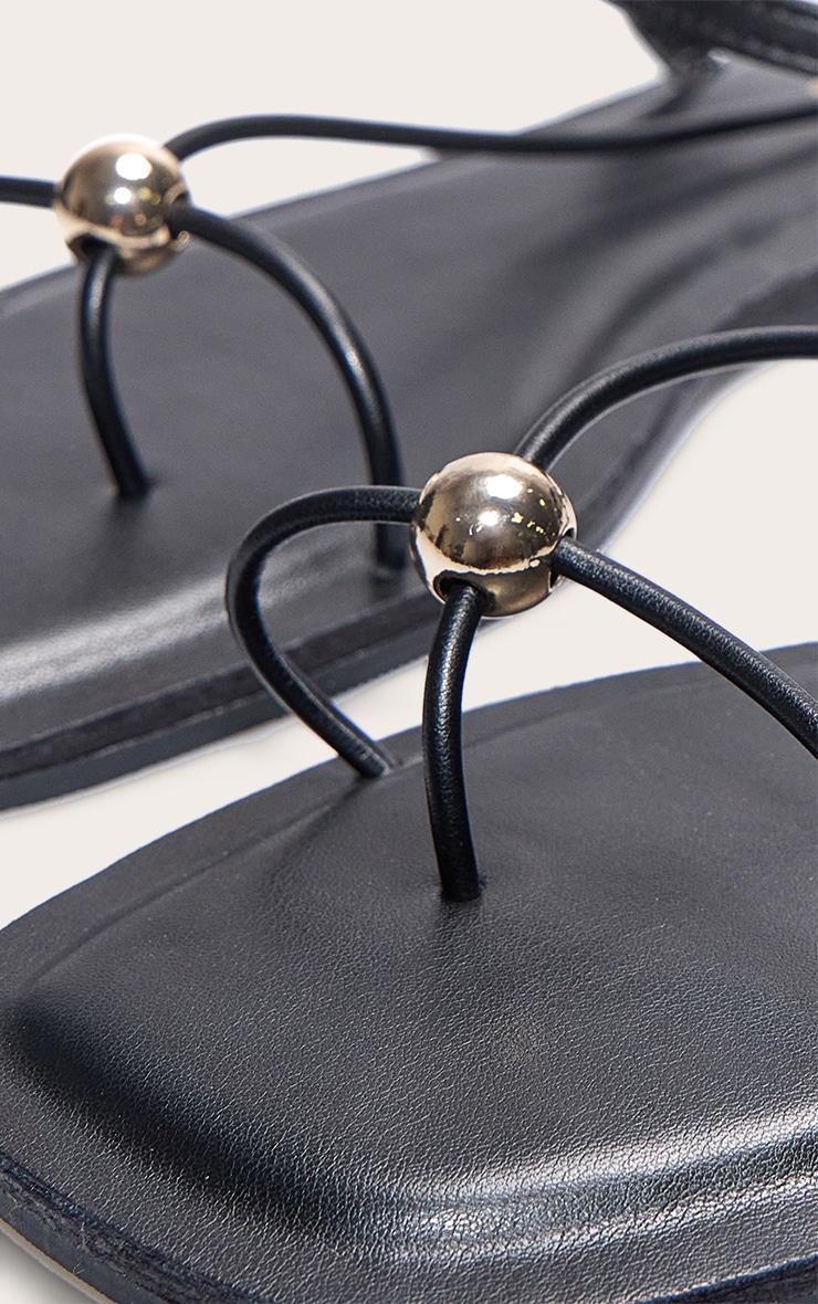 Black Pu Square Toe Thong Gold Trim Flat Sandals Product Image