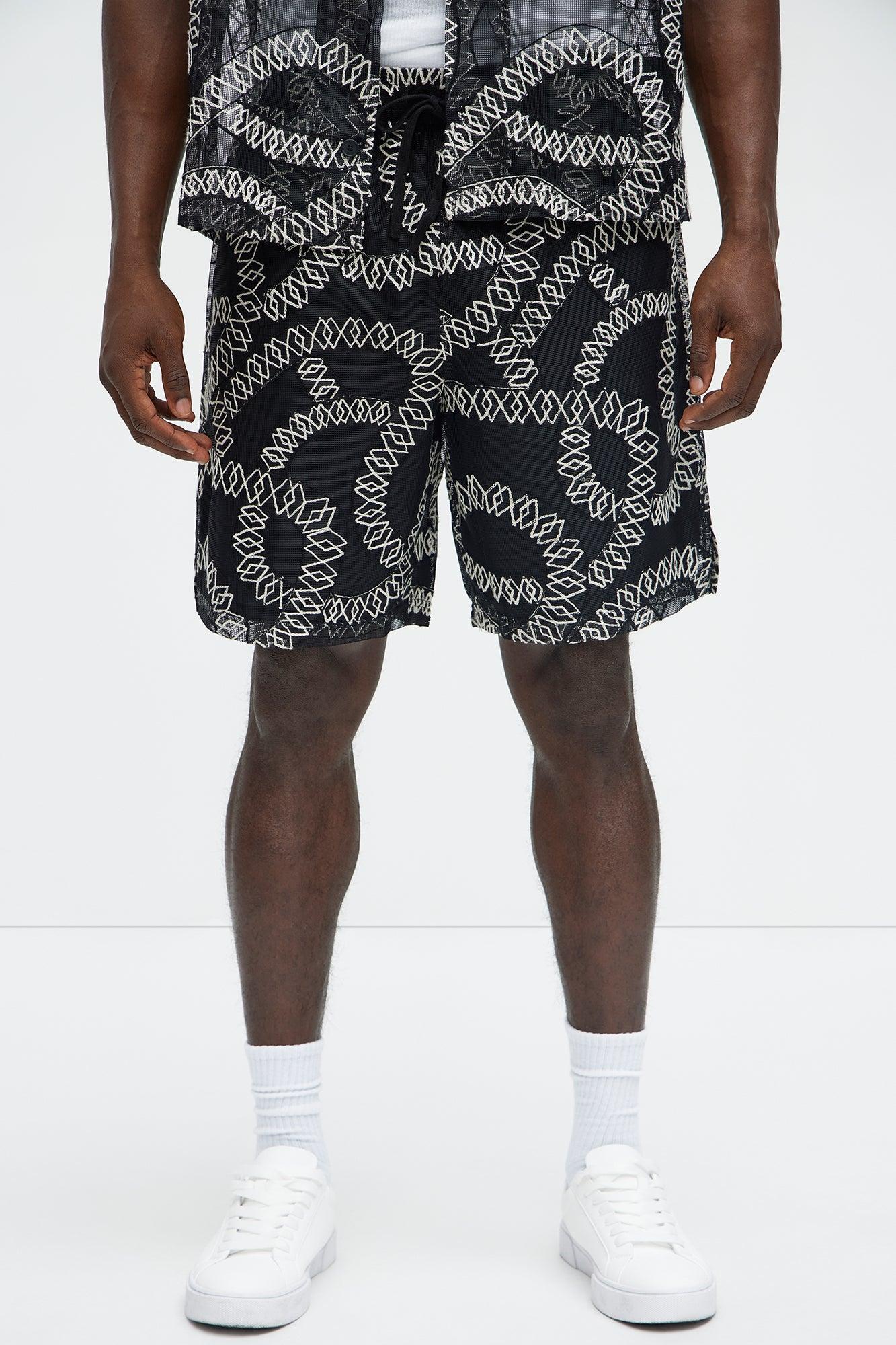 Embroidered Netting Relaxed Shorts - Black Product Image
