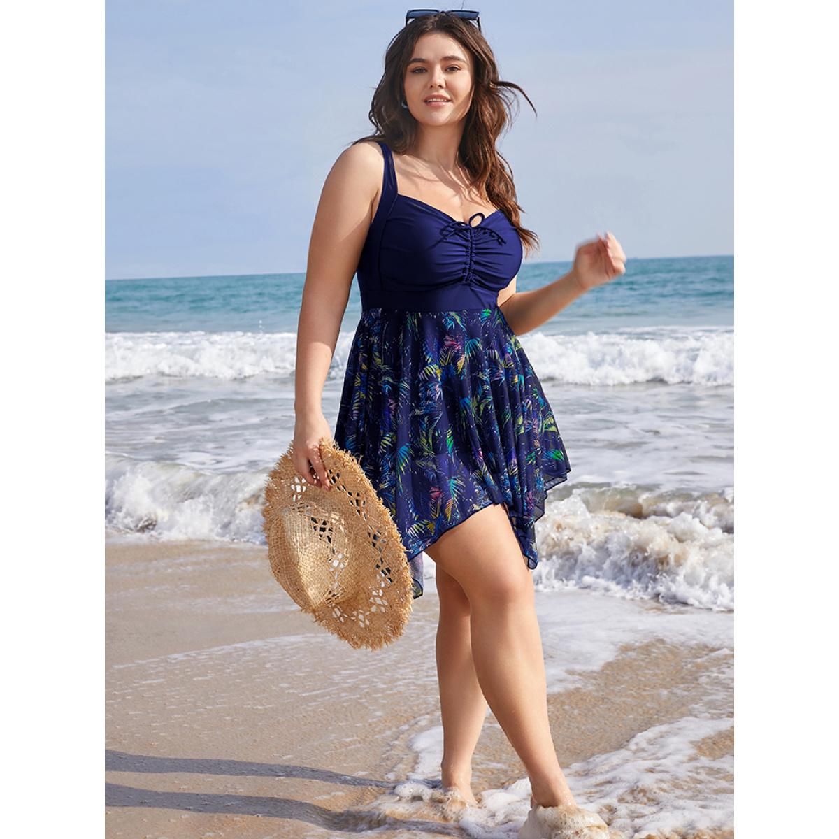 Mesh Adjustable Straps Plus Size Women Tropical Swim Dress Very Stretchy Bodycon Sleeveless V Neck Vacation Swim Dresses BloomChic Product Image