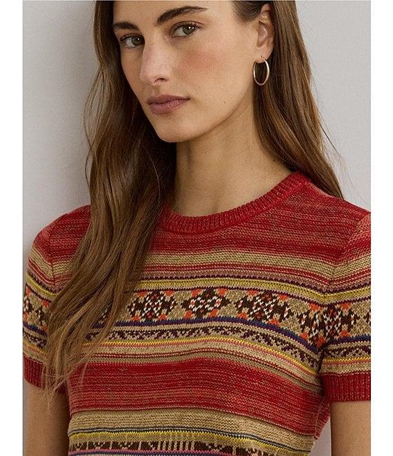 Lauren Ralph Lauren Petite Size Geometric Stripe Ribbed Crew Neck Short Sleeve Pullover Sweater Product Image