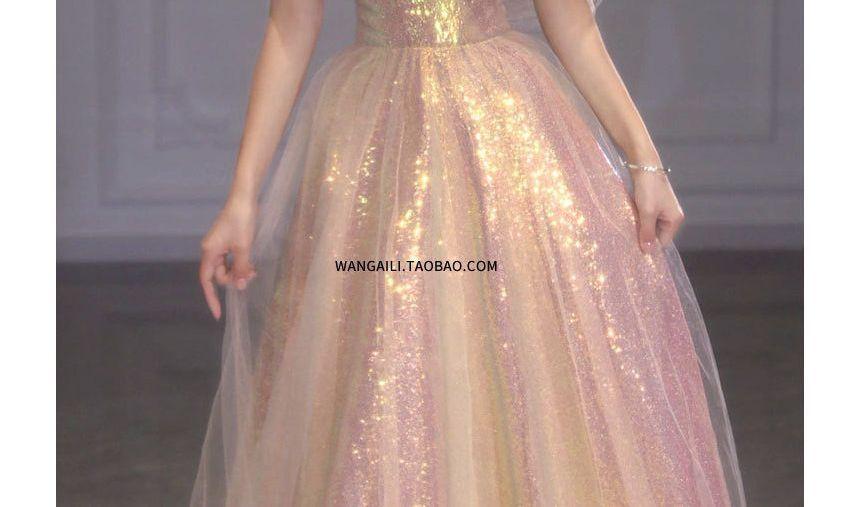 Short-Sleeve Off Shoulder Iridescent A-Line Evening Gown Product Image