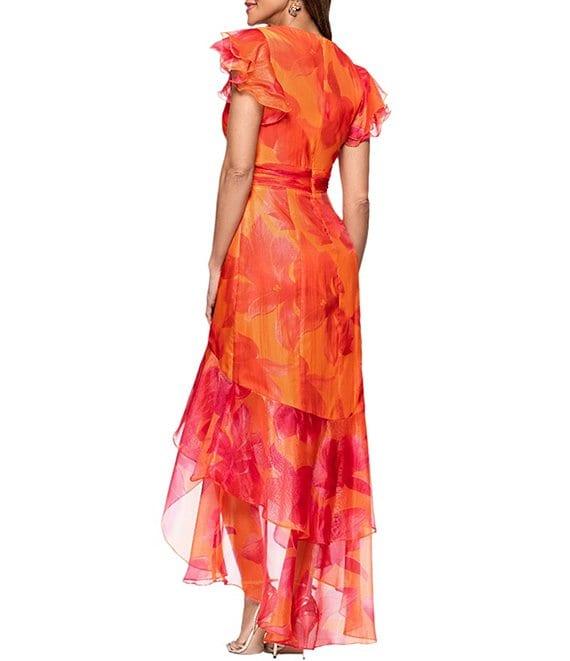 Xscape Organza Floral Print V-Neck Short Sleeve Ruffle A-Line Midi Dress Product Image