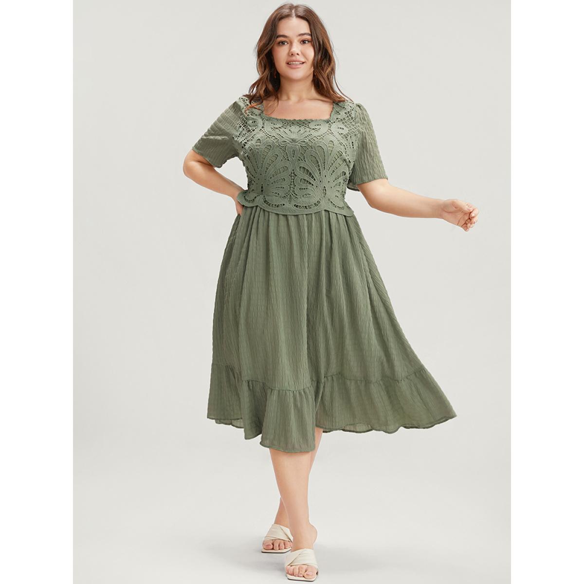 Plus Size Solid Square Neck Pocket Lace Ruffles Hem Dress Mint Women Elegant Elastic Waist Square Neck Short sleeve Curvy Midi Dress BloomChic 22-24/3X Product Image
