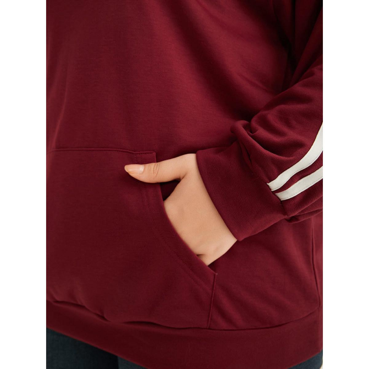 Plus Size Contrast Seam Detail Drawstring Pocket Hooded Raglan Sleeve Sweatshirt Women Red Casual Elastic cuffs Hooded Dailywear Sweatshirts BloomChic 12/L Product Image