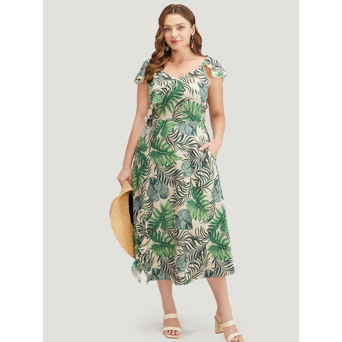 Plus Size Plant Print Cap Sleeve Pocket Ruffle Trim Split Hem Dress Multicolor Women Vacation Slit V-neck Cap Sleeve Curvy Midi Dress BloomChic 14-16/1X Product Image