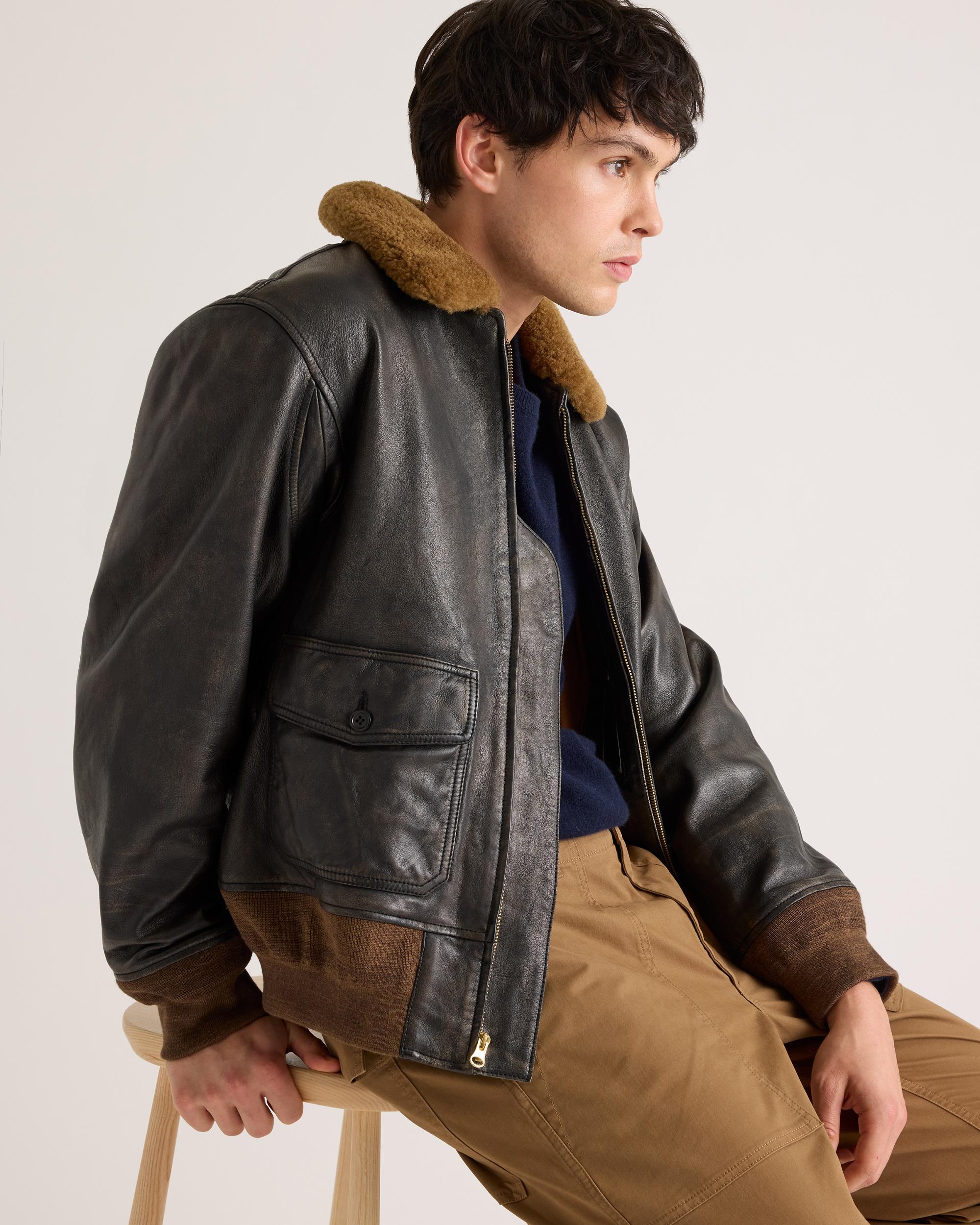 Quince | Men's Shearling Collar Leather Flight Jacket Product Image