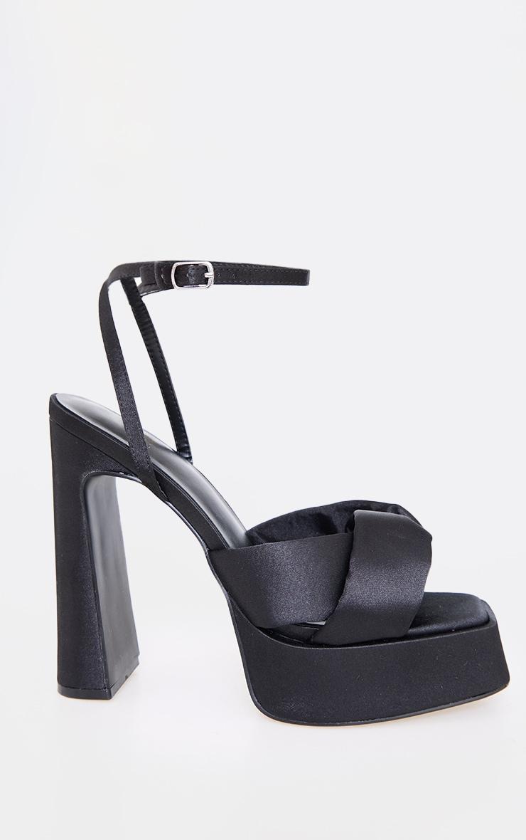Wide Fit Black Satin Square Toe Cross Strap Platform Heeled Sandals Product Image