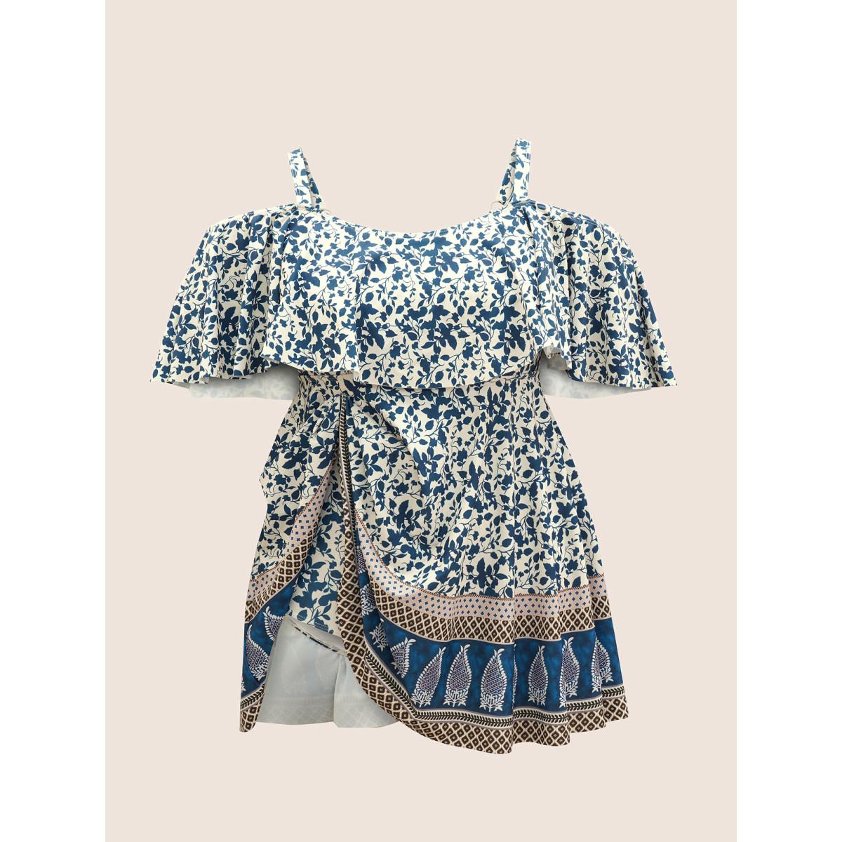 Plus Size Bandana Print Cold Shoulder Swim Dress Women's Swimwear Indigo Beach Bodycon One-shoulder neck High stretch Curve Swim Dresses BloomChic 30/6X Product Image