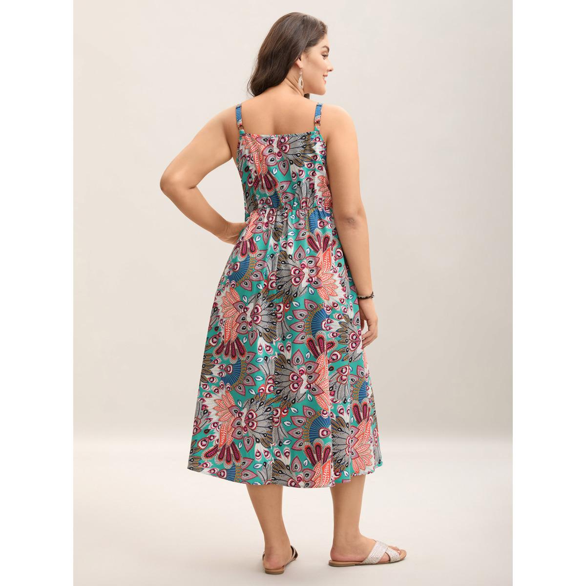 Plus Size Boho Floral Print Pockets Midi Dress Turquoise Women Drawstring V-neck Sleeveless Curvy BloomChic 14-16/1X Product Image