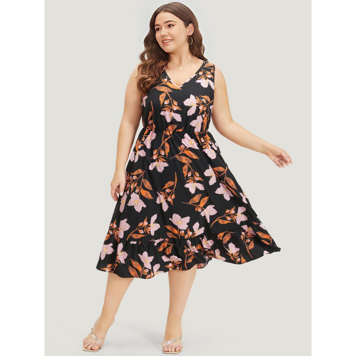 Plus Size Floral Print Pocket V Neck Elastic Waist Sleeveless Dress Black Women Elegant Elastic Waist V-neck Sleeveless Curvy Midi Dress BloomChic 12/L Product Image