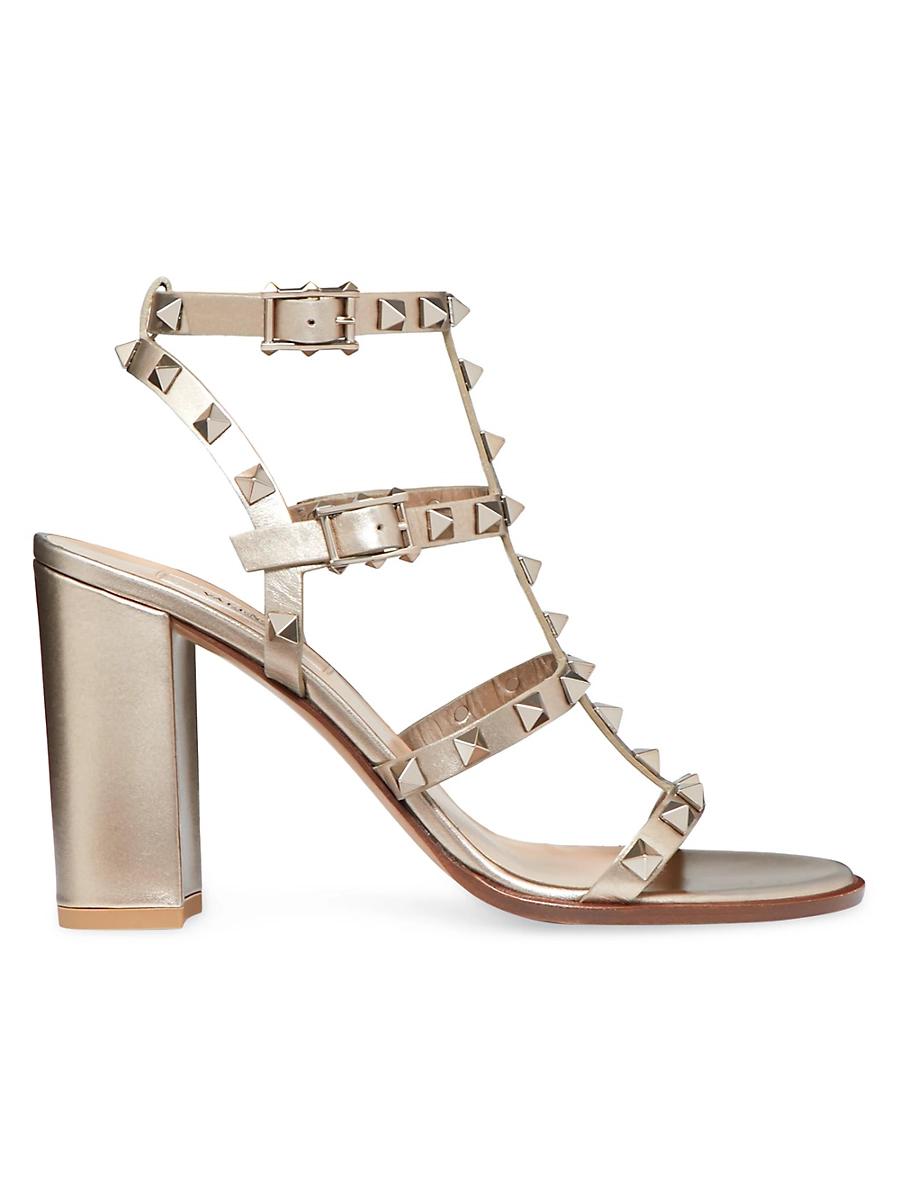 Womens Rockstud Metallic Calfskin Leather Ankle Strap Sandals 90 MM Product Image