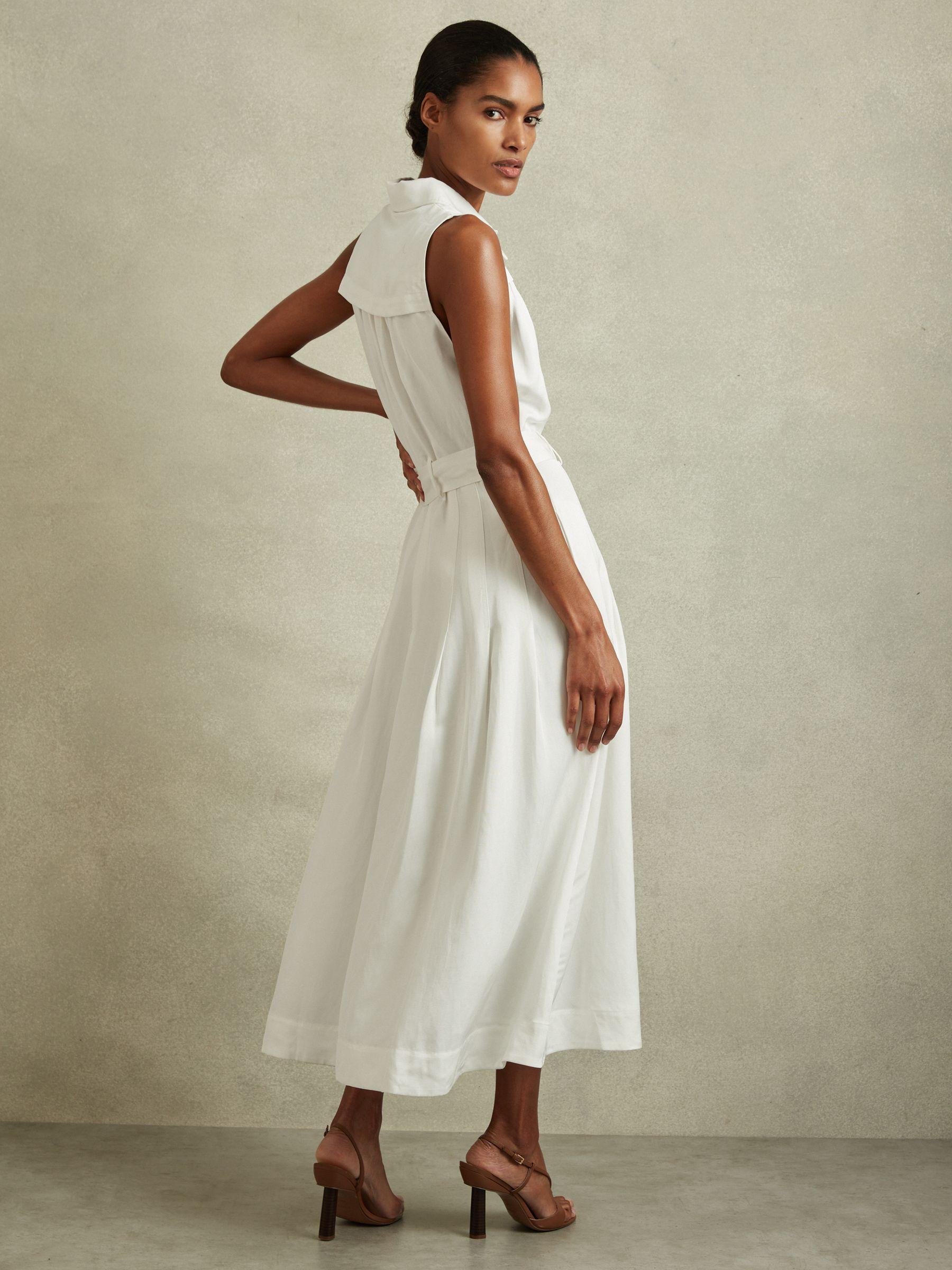 Viscose-Linen Belted Midi Dress in White Product Image