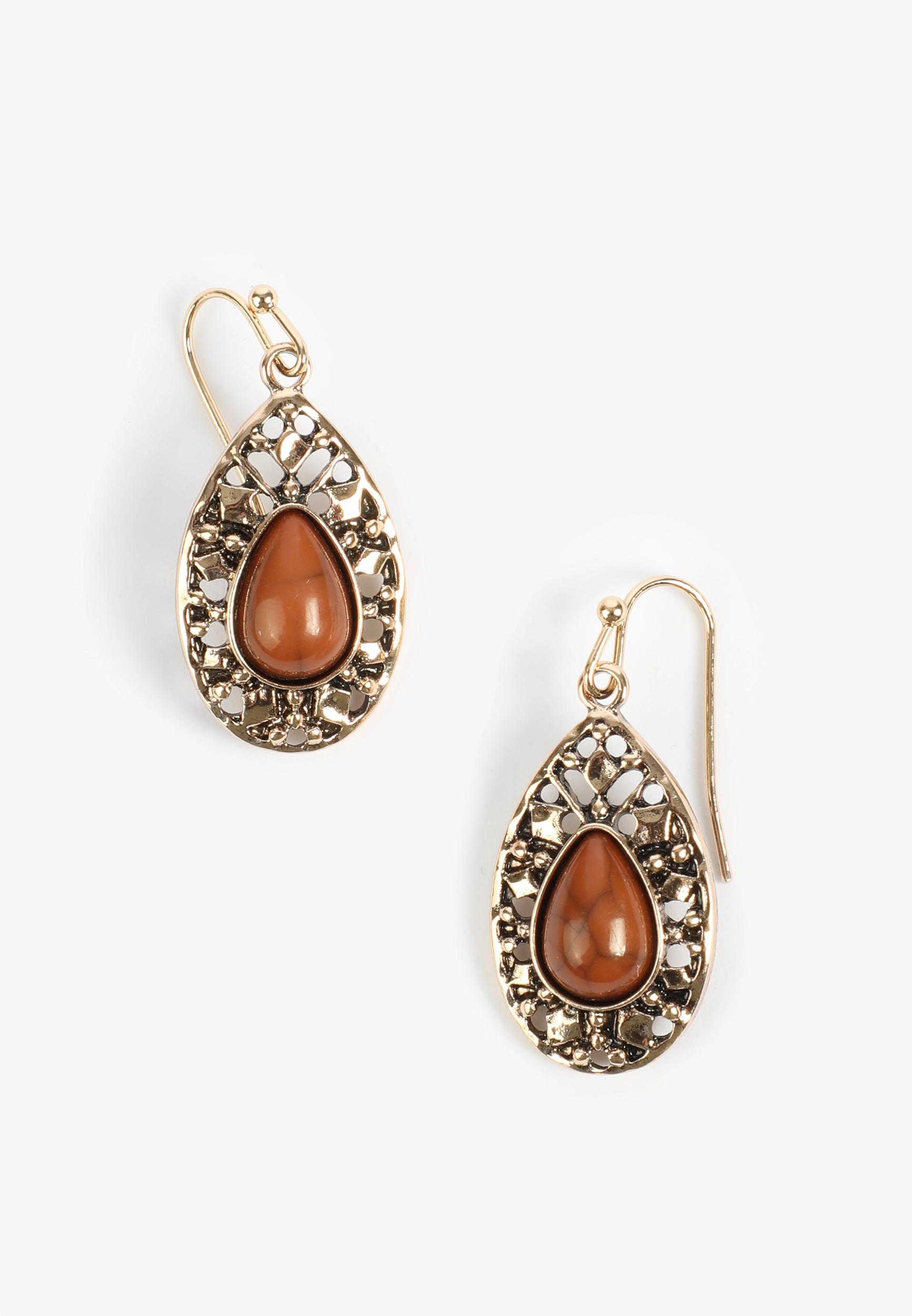 Brown Faux Stone Oval Drop Earrings Product Image