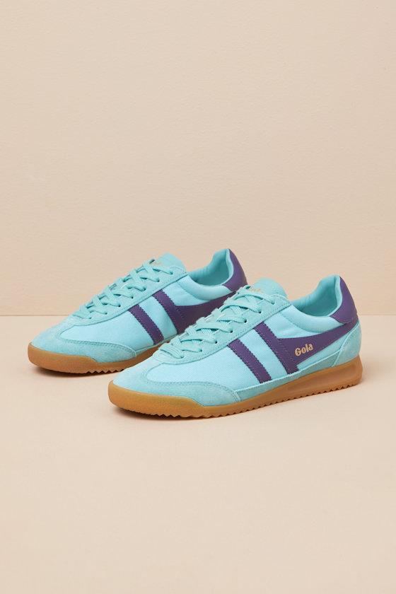 Tornado Sea Mist and Plum Color Block Suede Leather Sneakers Product Image