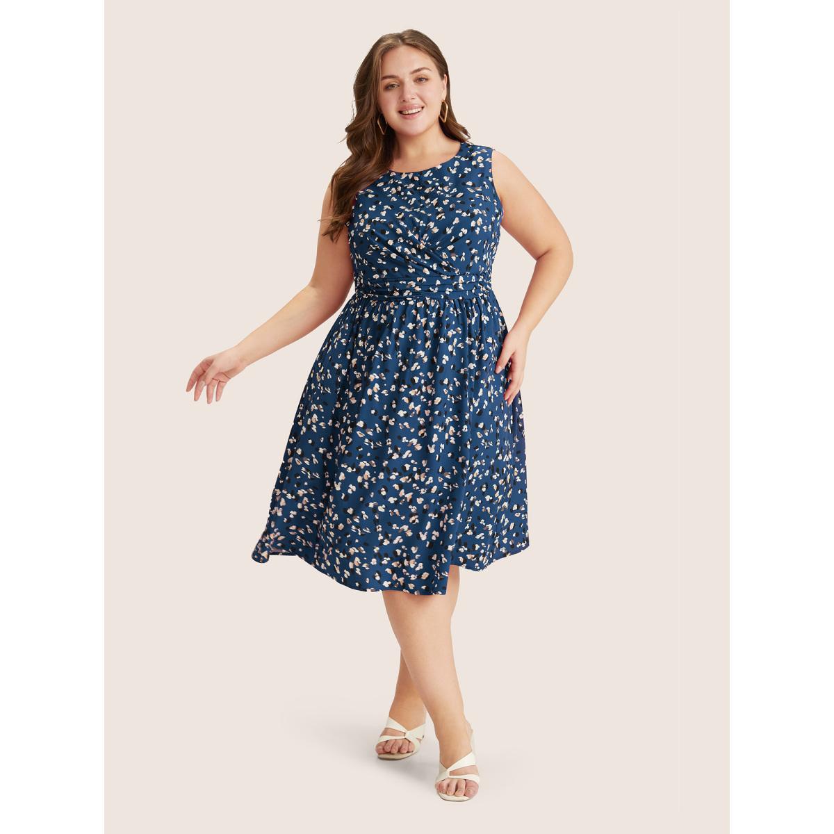 Plus Size Allover Print Pocket Flutter Crossover Ruched Tank Dress Burgundy Women Elegant Twist Round Neck Sleeveless Curvy Midi Dress BloomChic 14-16/1X Product Image