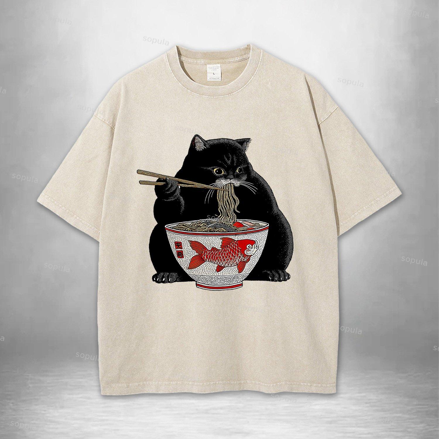 Fat Cat Eating Ramen Acid Washed T-shirt Product Image