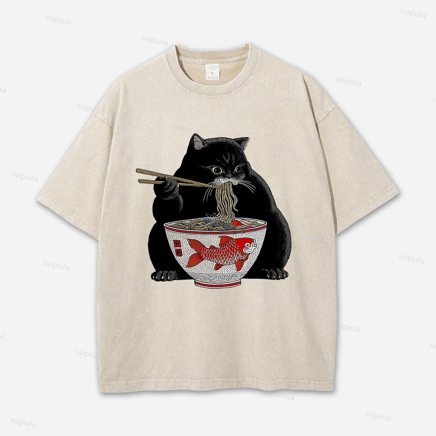 Fat Cat Eating Ramen Acid Washed T-shirt Product Image