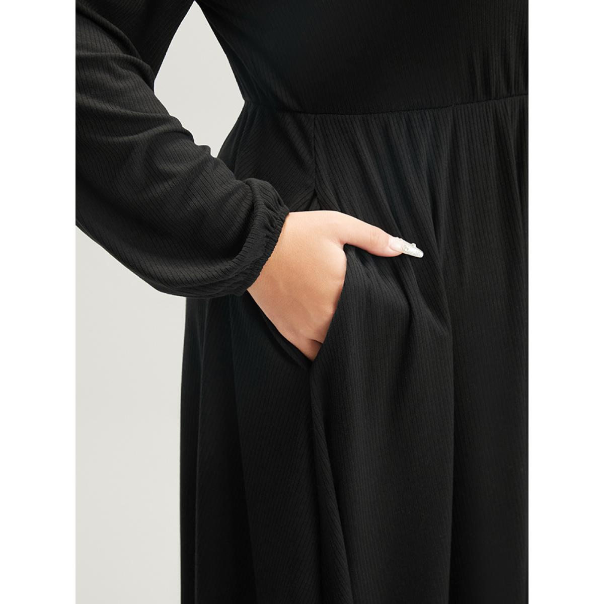 Plus Size Solid Lantern Sleeve Pocket Lace Trim Wrap Dress Black Women Elegant Lace V-neck Long Sleeve Curvy Midi Dress BloomChic 10/M Product Image