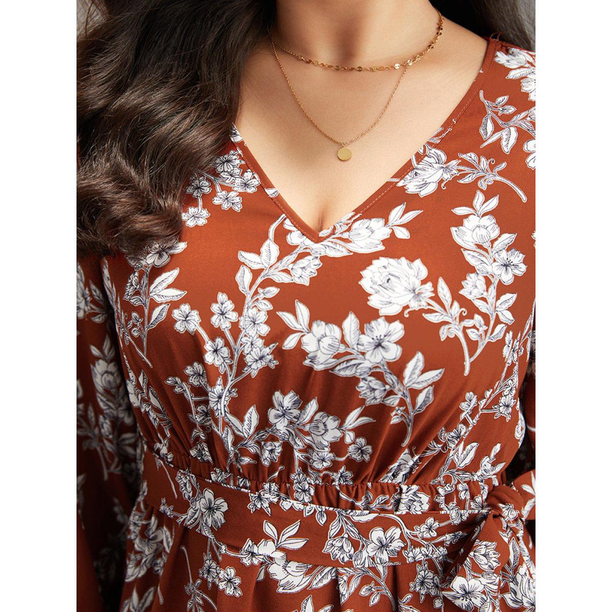 Plus Size Floral Print Elastic Cuffs Ruffle Hem Dress Rust Women Elegant Elastic cuffs V-neck Long Sleeve Curvy Midi Dress BloomChic 14-16/1X Product Image