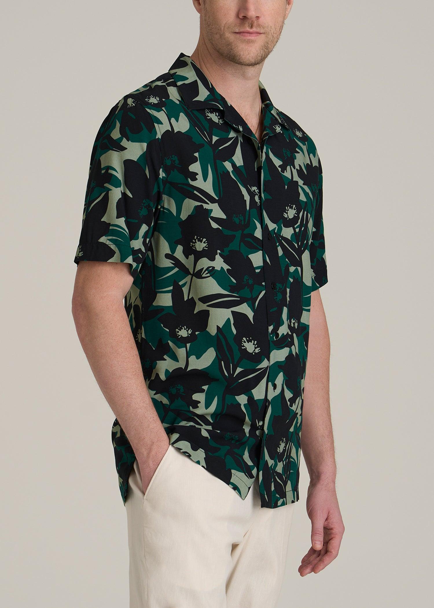 Short Sleeve Resort Shirt for Tall Men in Green and Black Floral Male Product Image