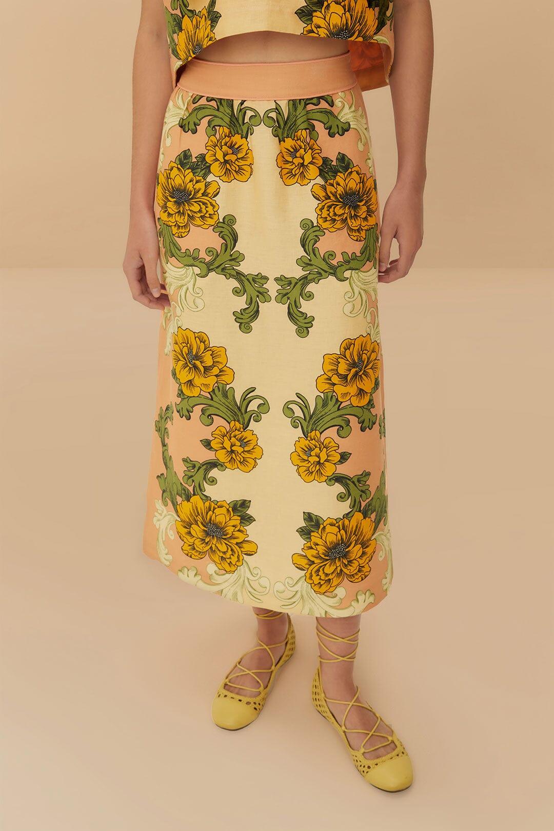 Cream Delicate Flower Arabesques Euroflax™ Premium Linen Midi Skirt Product Image