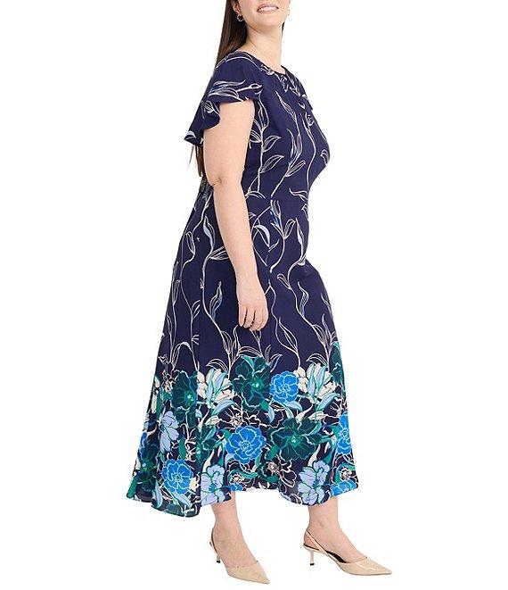 Maggy London Plus Size Crew Neck Flutter Sleeve Back Ruffle Georgette A-Line Midi Dress Product Image