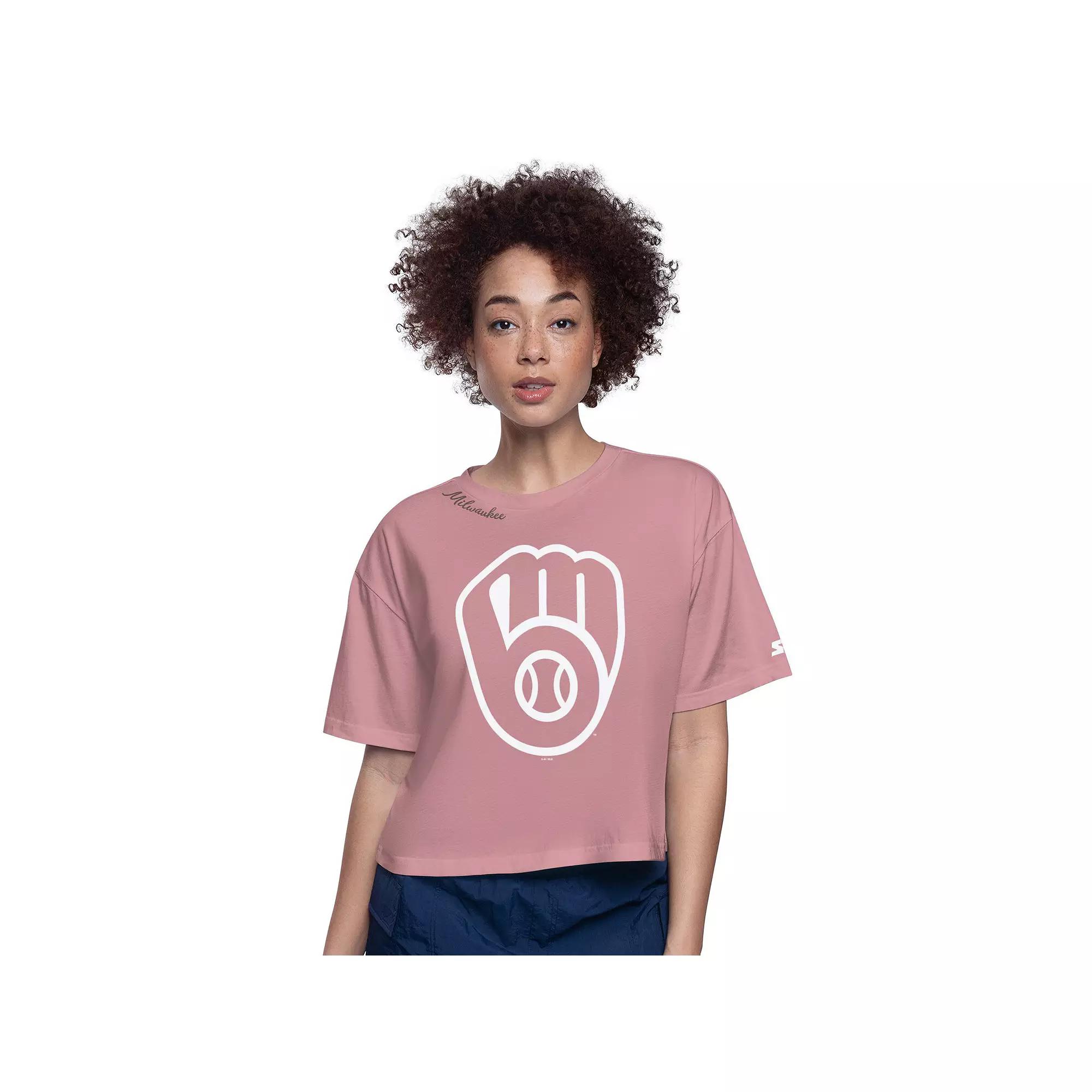 Women's Starter Pink Milwaukee Brewers Play the Ball Boxy Cropped T-Shirt,  Product Image