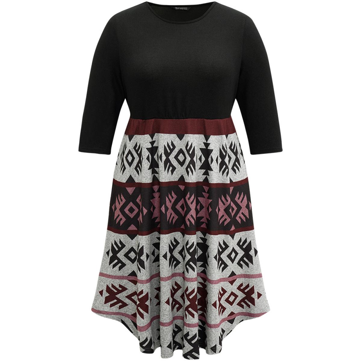 Plus Size Christmas Geometric Contrast Curved Hem Dress Black Women Casual Printed Round Neck Elbow-length sleeve Curvy Midi Dress BloomChic 14-16/1X Product Image