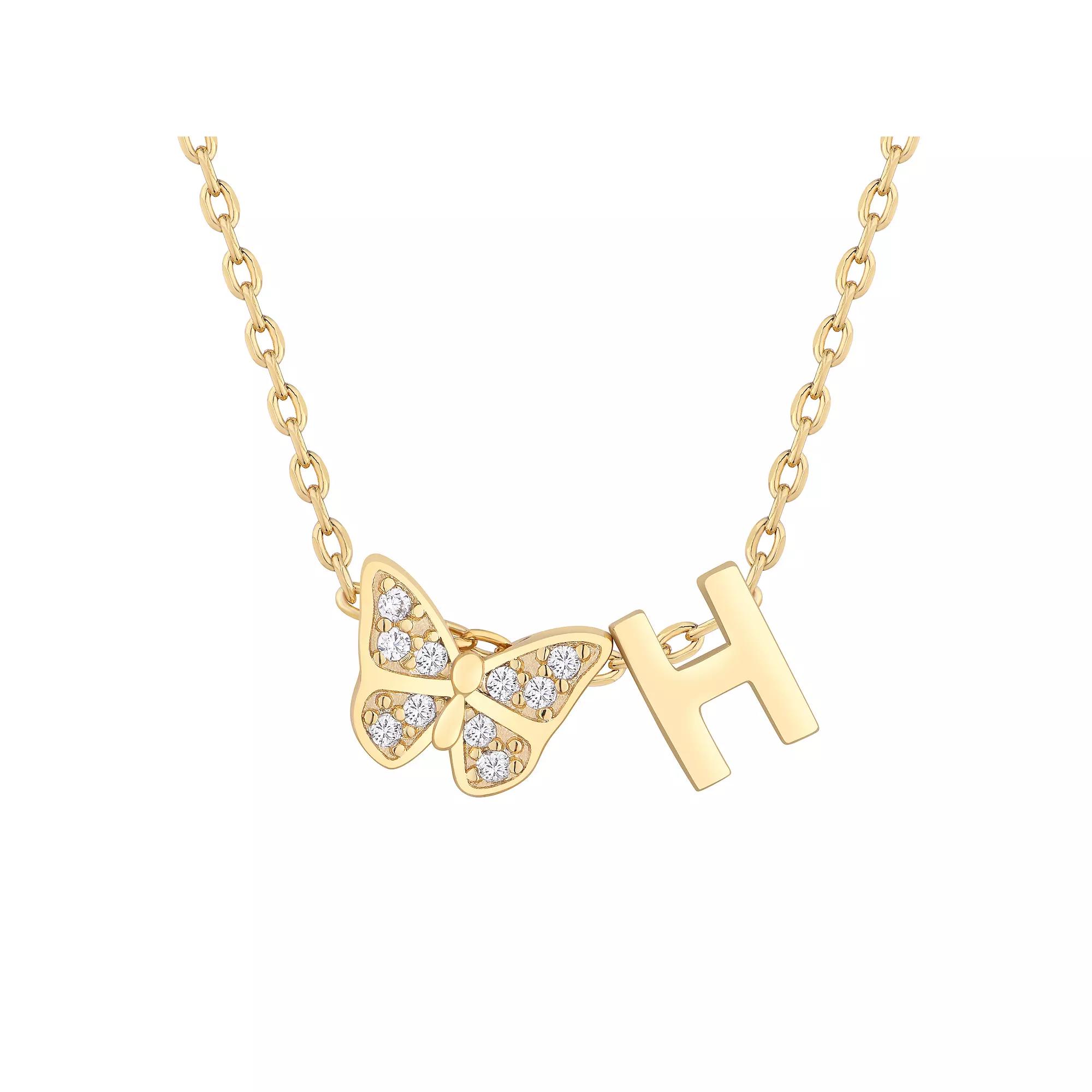 Taylor Grace 14k Gold Plated Cubic Zirconia Butterfly Initial Necklace, Women's, Size: 18", H Product Image