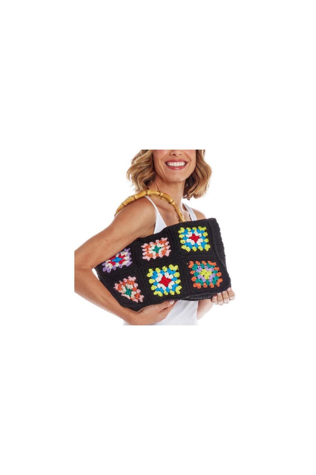 Midnight Blossom Hand Crochet Tote Bag with Real Bamboo Handle Product Image